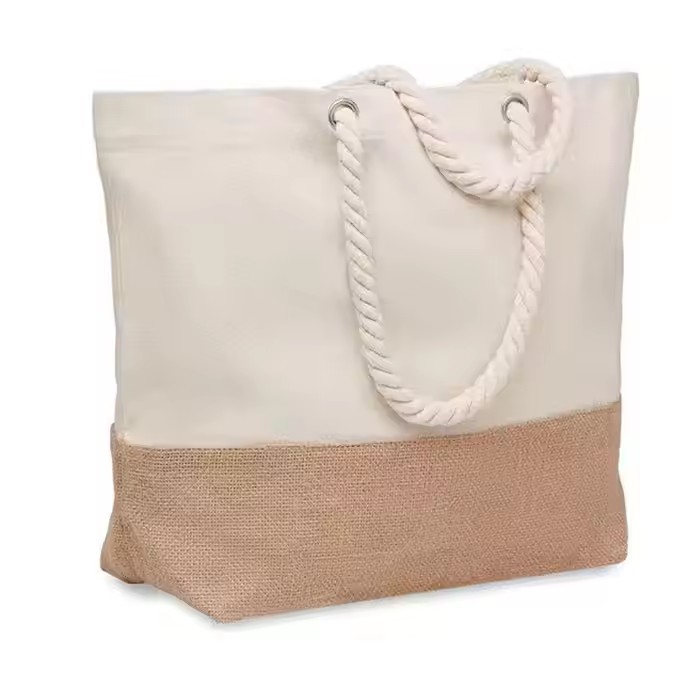 Customized personalized beach shopping bag, canvas and jute spliced rope handle eco-friendly bag