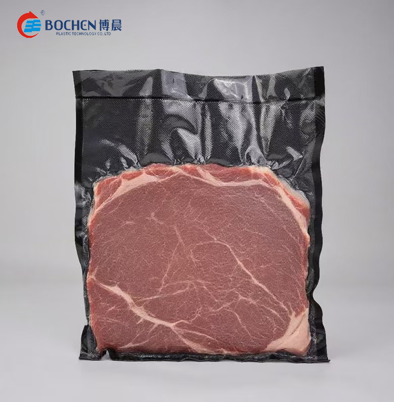 BPA free recyclable food grade meat, fish, swim bladder, mushrooms, shrimp, scallops, black vacuum sealed bag, suitable for pet food and canned food