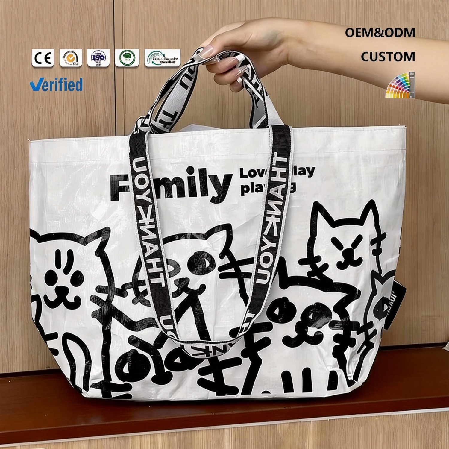 Reusable waterproof laminated polypropylene woven tote bag, environmentally friendly and recyclable PP shopping grocery bag