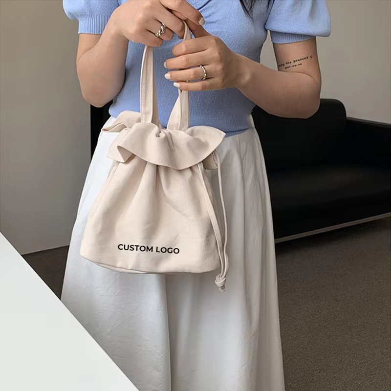 Recycling cotton mini tote bag custom logo printed small sail bag handle recycling shopping drawstring bag