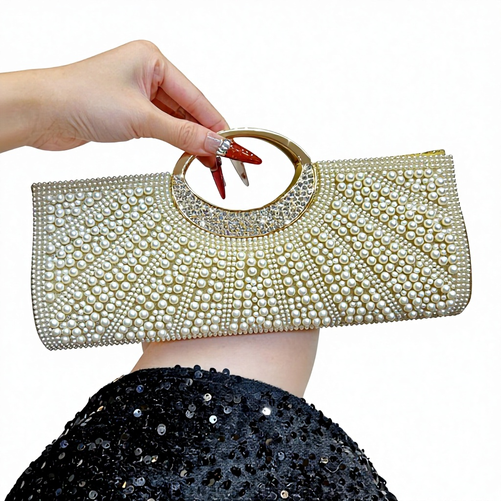 New Fashionable and Elegant High end Made in China Magnetic Buckle Closed Polyester Handbag Banquet Bag Shining Diamond Pearl Decoration