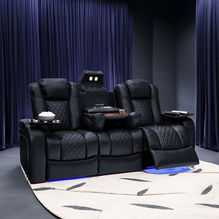 Leather electric lounge chair sofa set furniture, home theater cinema sofa with electric adjustable backrest, living room