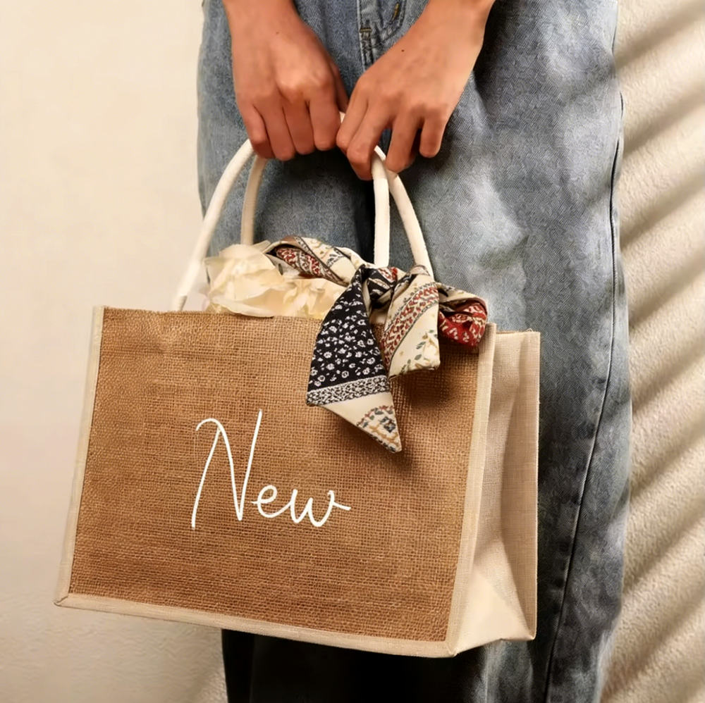 Customized wedding shopping gift bag with logo printed in the factory, PE heavy-duty beach tote bag, environmentally friendly and reusable burlap and jute tote bag