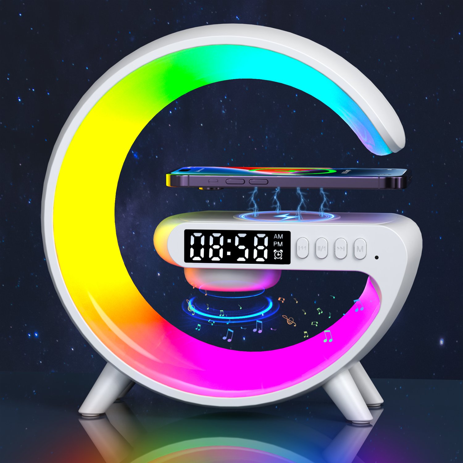 Multi functional smart speaker, wireless audio, mobile phone charging, smart alarm clock, sleep light app, atmosphere control, mini G-light