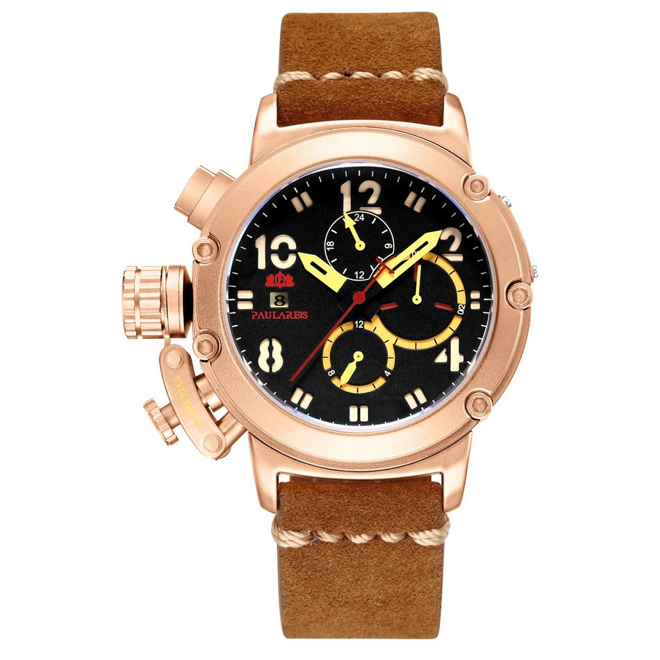 Top notch Paulares multifunctional rose gold date glow 24-hour luxurious leather automatic mechanical men's watch business style