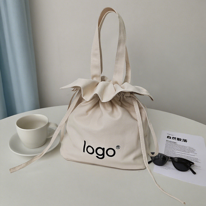 Wholesale environmentally friendly recycled handle cotton blank canvas women's shoulder drawstring bag with rope handle